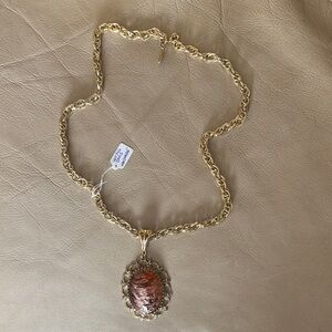 Whiting & Davis Gold-Tone Chain Necklace with Amber-Bronze Oval Pendant